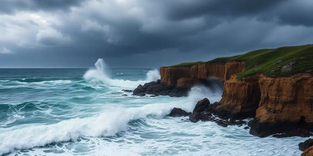 Vagues puissantes frappant les côtes sous un ciel orageux.