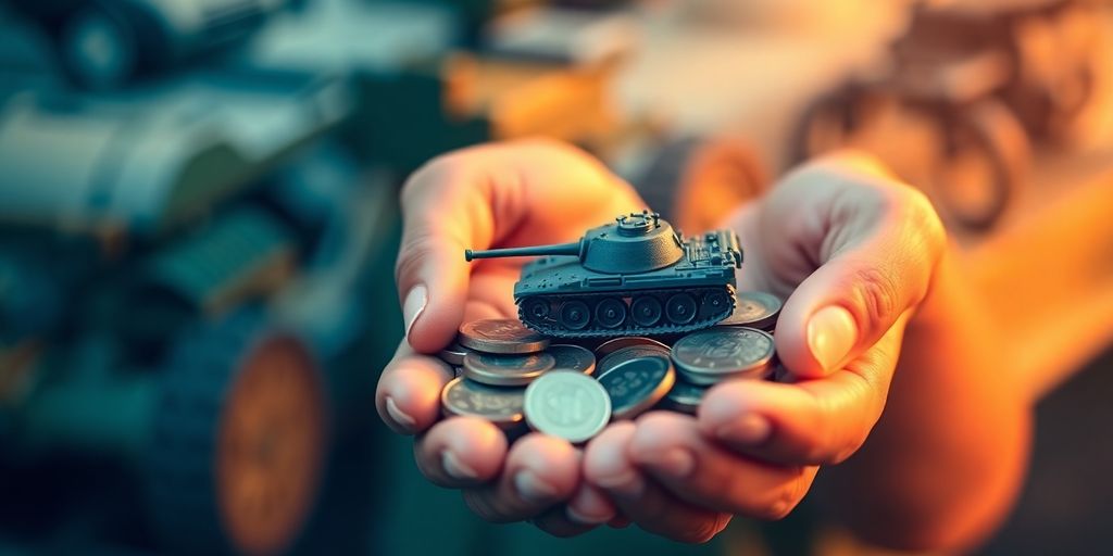 Pièces de monnaie et un tank miniature sur une table.