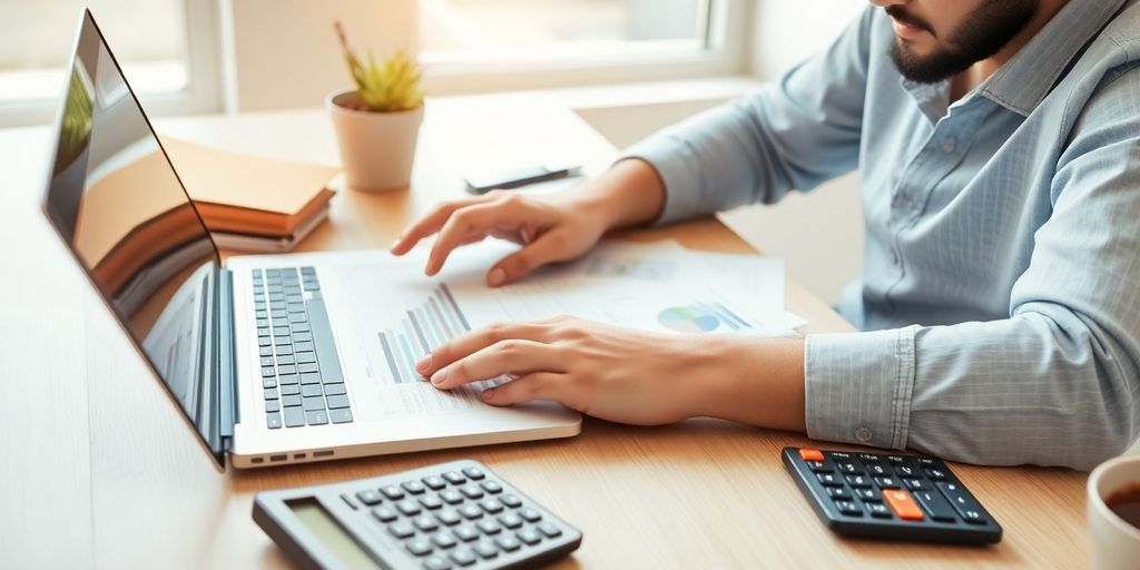 Entrepreneur avec un ordinateur et des documents financiers.
