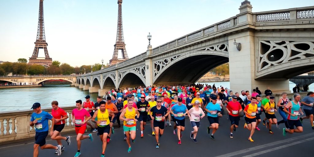 Coureurs au Marathon de Paris avec la Tour Eiffel.