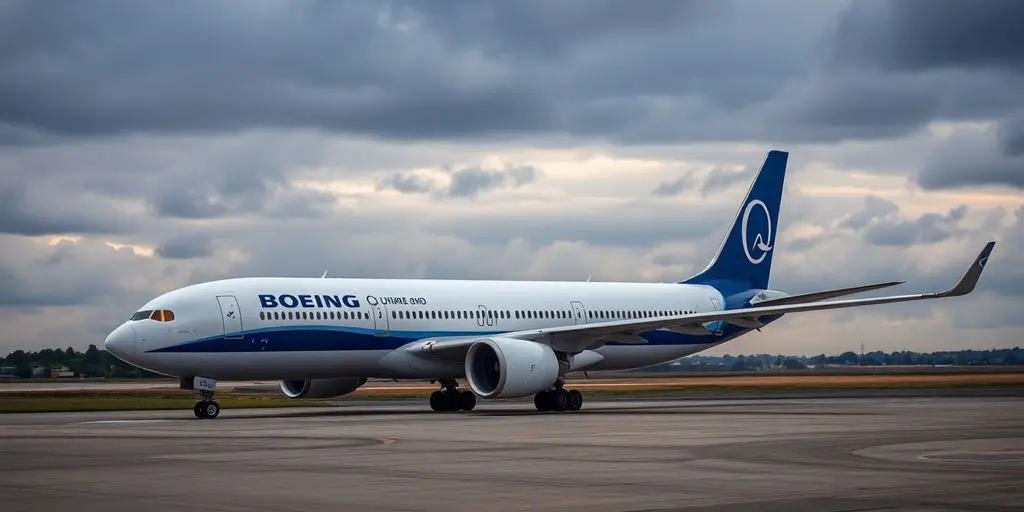 Avion Boeing immobilisé sur le tarmac, nuages menaçants.