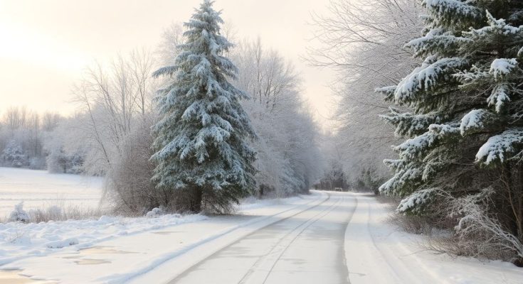 Paysage d'hiver avec neige et verglas sur le sol.