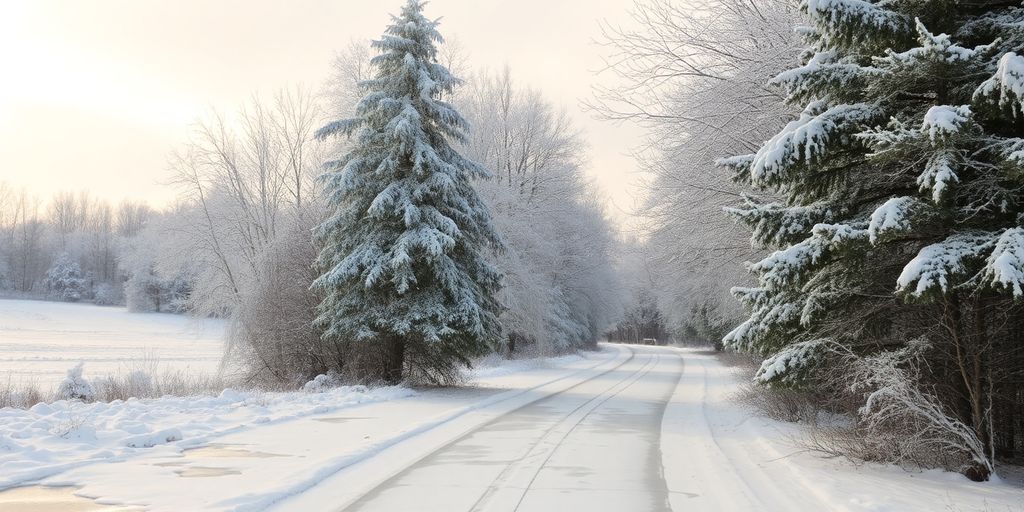 Paysage d'hiver avec neige et verglas sur le sol.