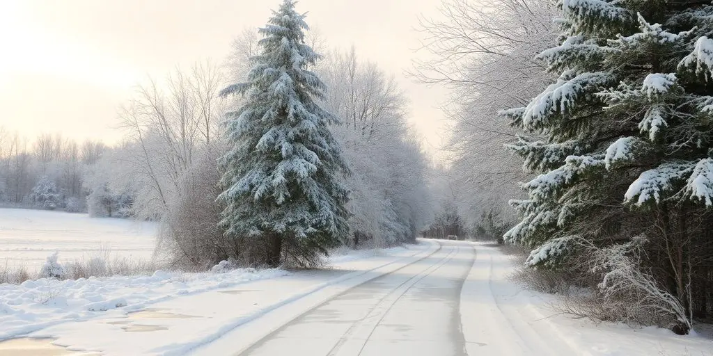 Paysage d'hiver avec neige et verglas sur le sol.