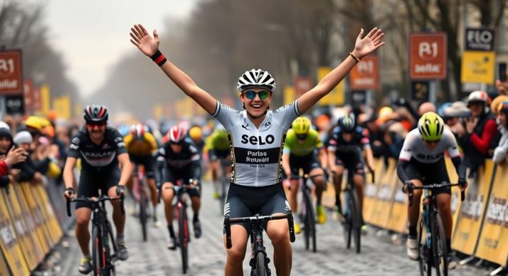 Pauline Ferrand-Prévôt célèbre sa victoire à Paris-Roubaix.