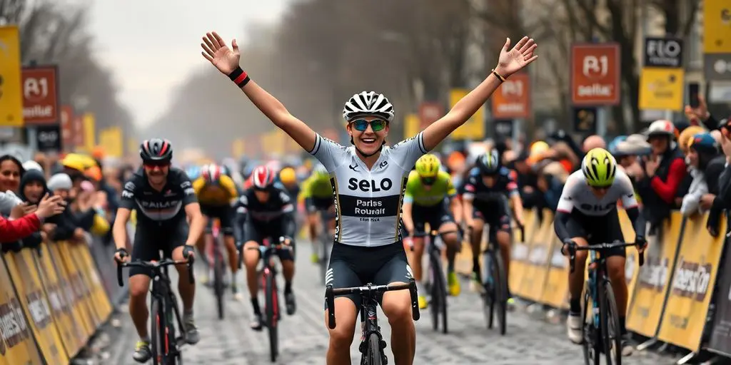 Pauline Ferrand-Prévôt célèbre sa victoire à Paris-Roubaix.