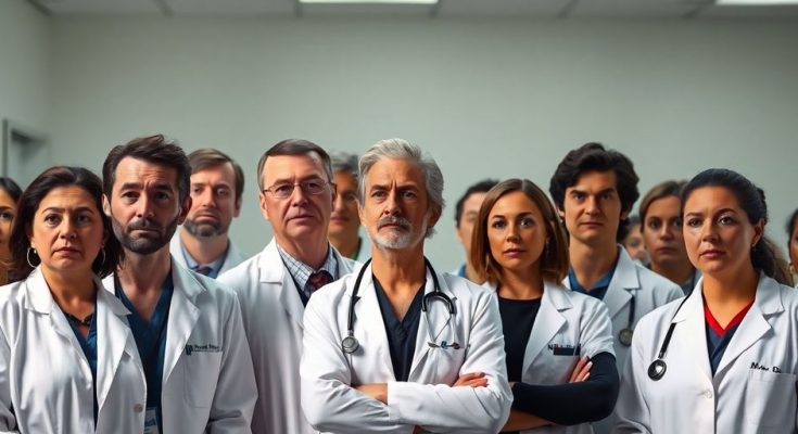 Groupe de médecins en blouse blanche, visages préoccupés.