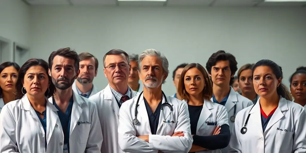 Groupe de médecins en blouse blanche, visages préoccupés.