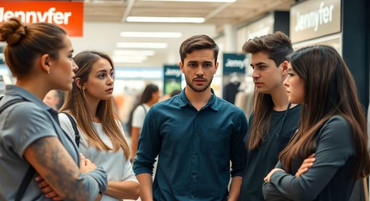 Groupe d'employés inquiets dans un magasin Jennyfer.