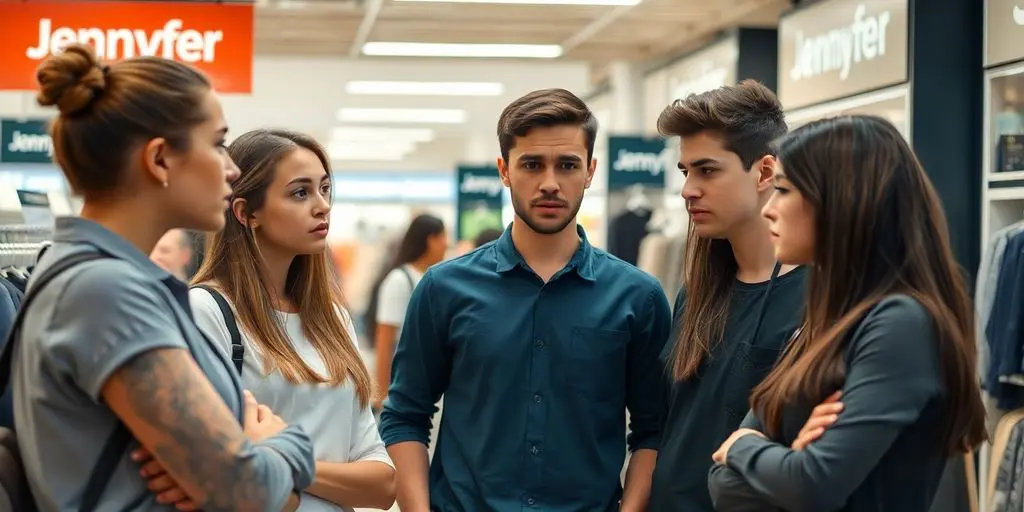 Groupe d'employés inquiets dans un magasin Jennyfer.