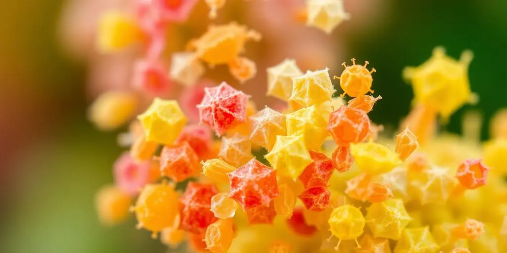 Gros plan de grains de pollen colorés et variés.