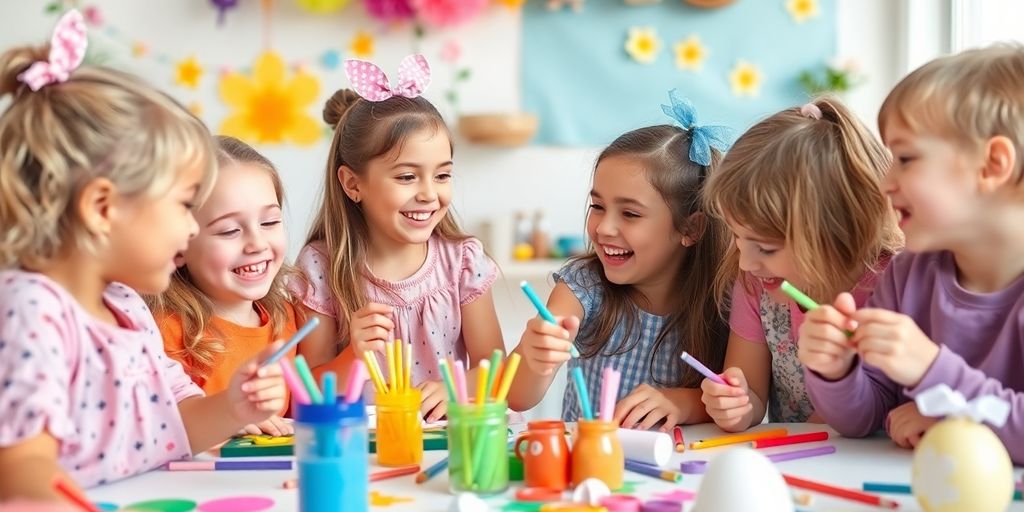Enfants créatifs avec des matériaux de Pâques.