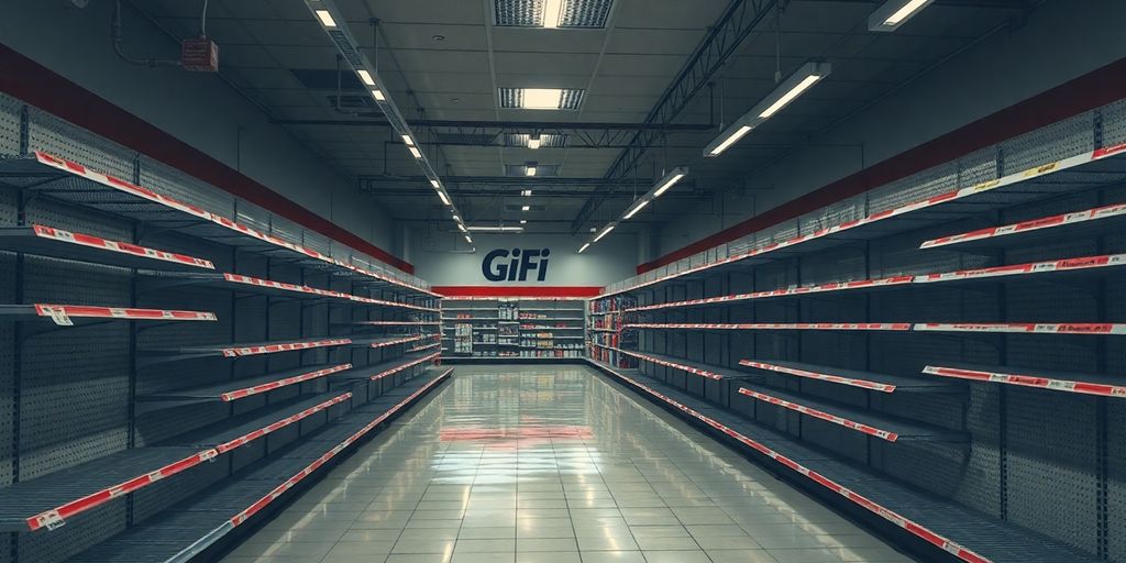 Magasin GiFi fermé avec des allées vides et sombres.