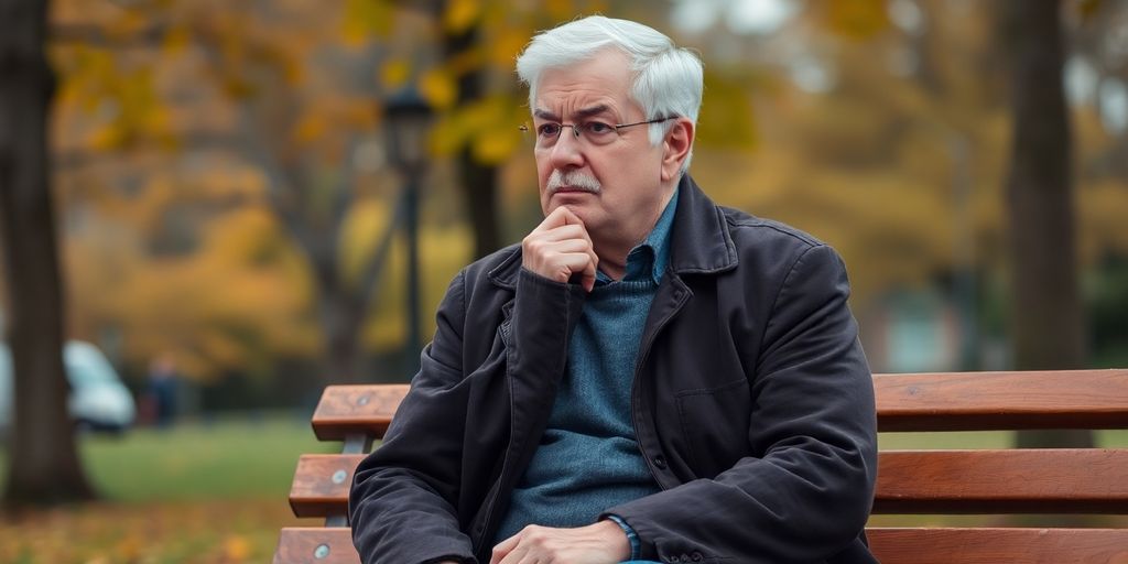 Sénior pensif assis sur un banc, préoccupé par l'avenir.