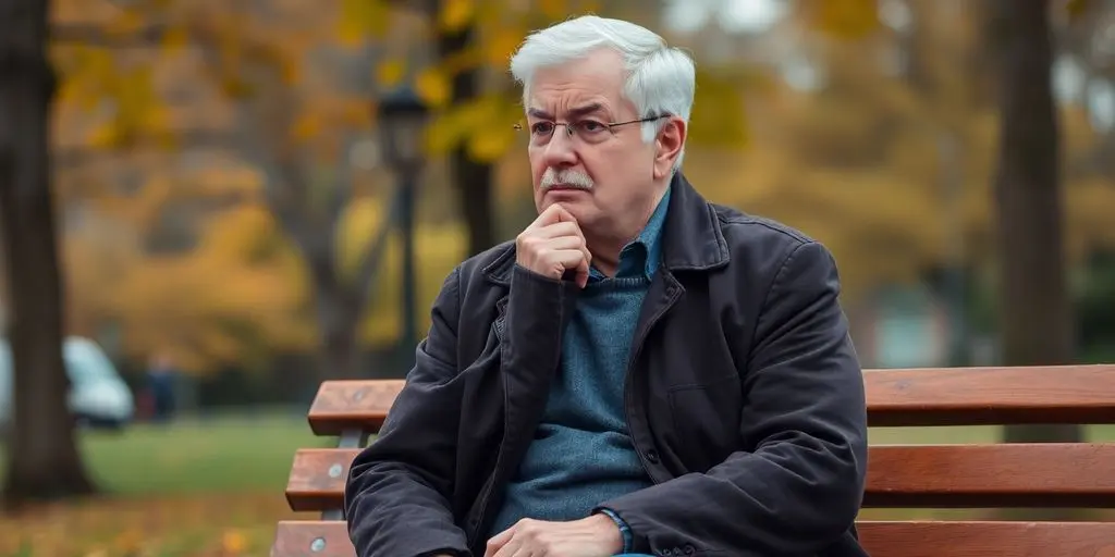 Sénior pensif assis sur un banc, préoccupé par l'avenir.
