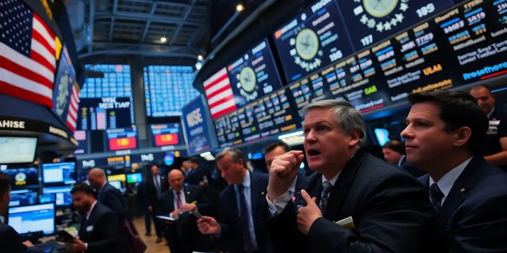 Plancher de la bourse avec traders inquiets.