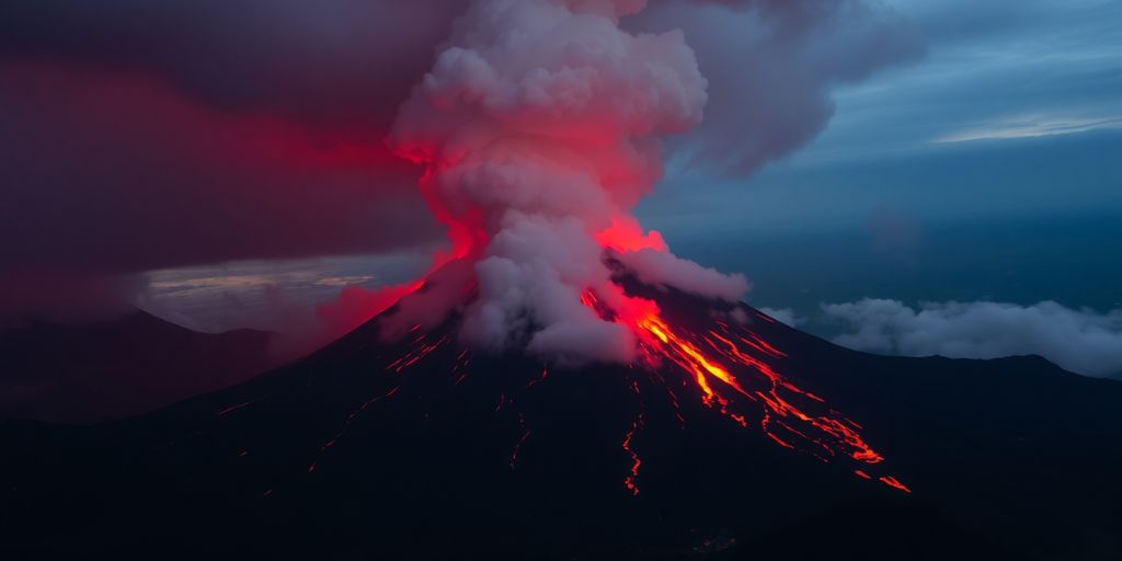 Éruption spectaculaire du mont Merapi avec lave et cendres.