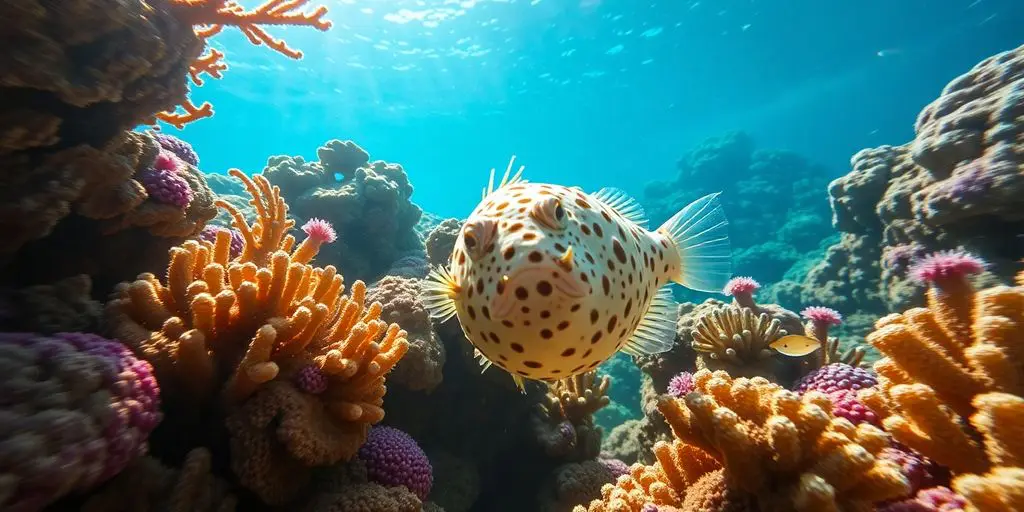 Poisson-ballon nageant parmi des coraux colorés en Méditerranée.