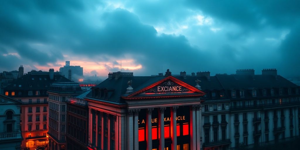 Ville de Paris, bourse, nuages sombres, ambiance incertaine.
