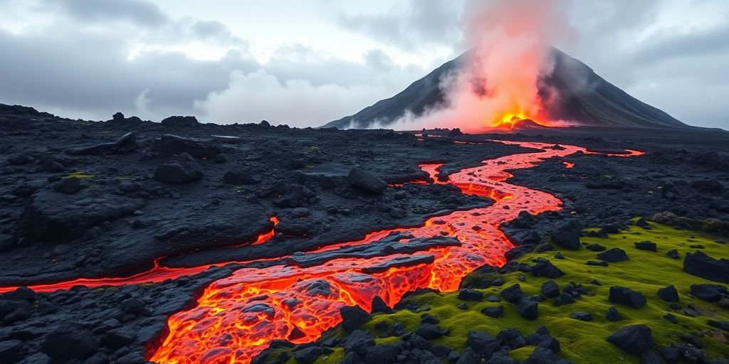 Éruption volcanique en Islande avec lave et fumée.