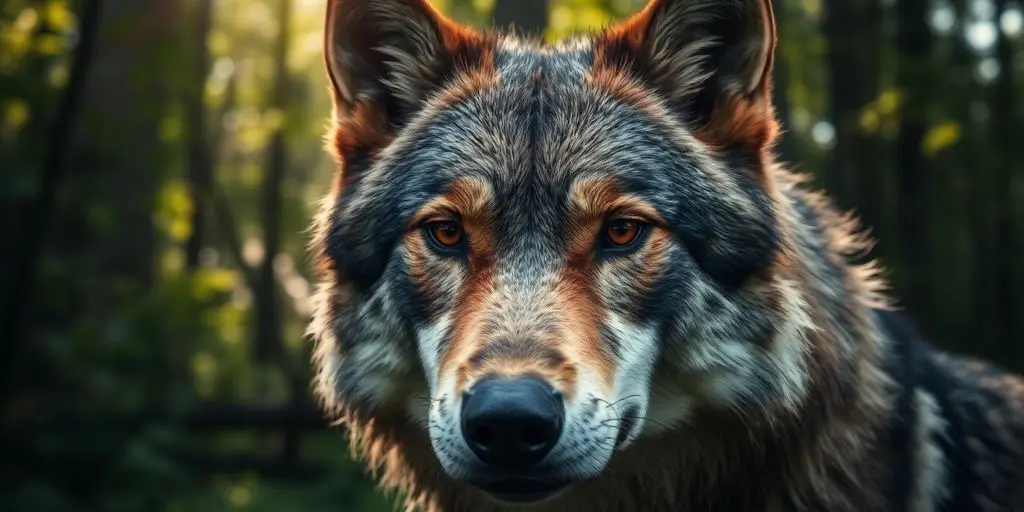Loup génétiquement modifié dans une forêt verdoyante.