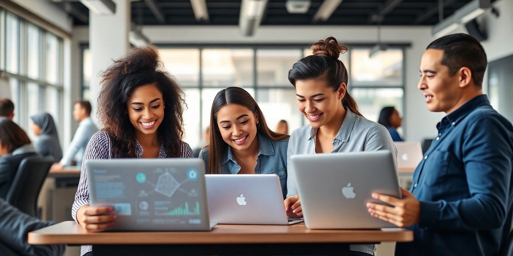 Groupe de chercheurs d’emploi utilisant des outils numériques.