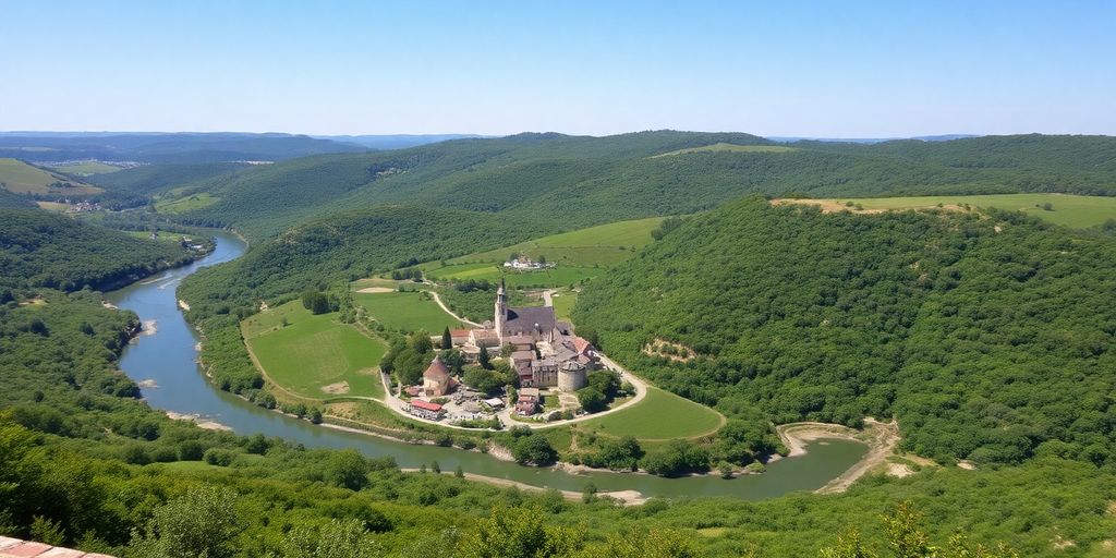 Paysage pittoresque de l'Ardèche avec collines et rivières.