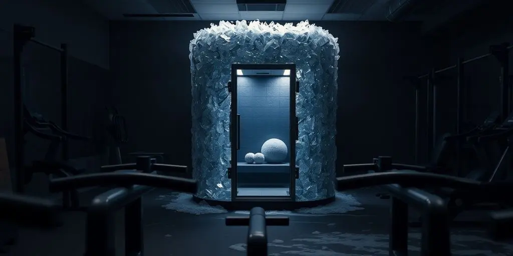 Chambre de cryothérapie dans une salle de sport vide.