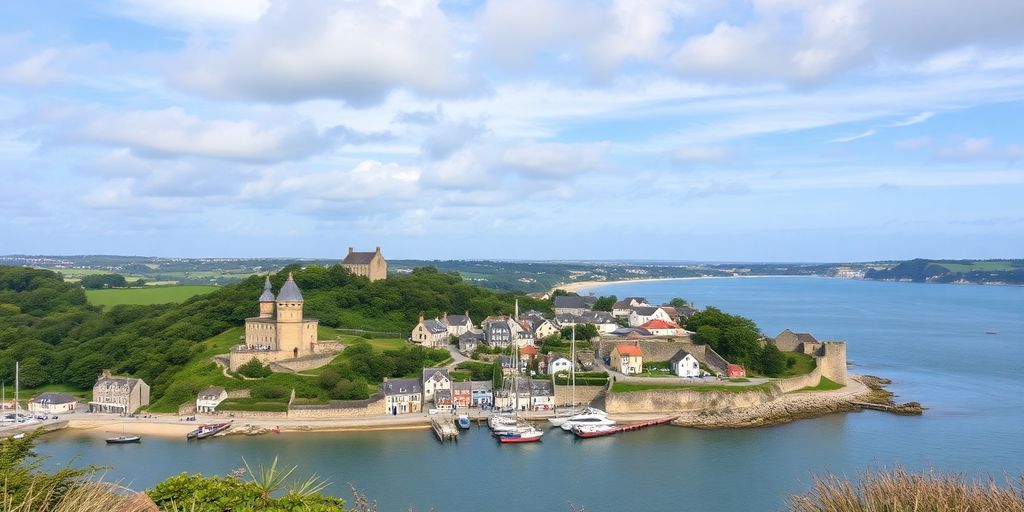 Paysage côtier du Morbihan avec villages et plages.