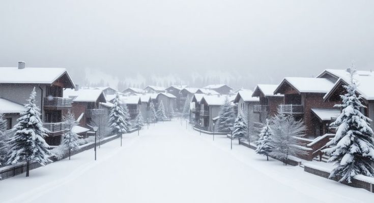 Paysage enneigé de Tignes avec maisons sous la neige.