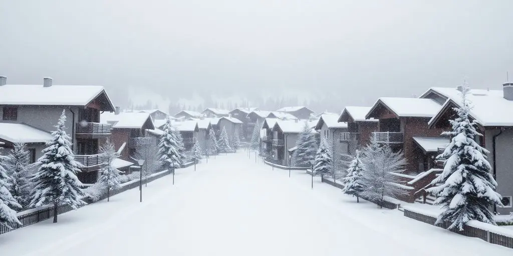 Paysage enneigé de Tignes avec maisons sous la neige.