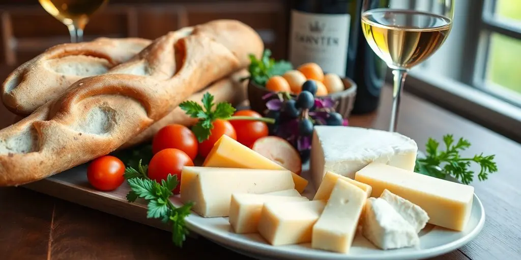 Un repas français avec fromage, pain, légumes et vin.