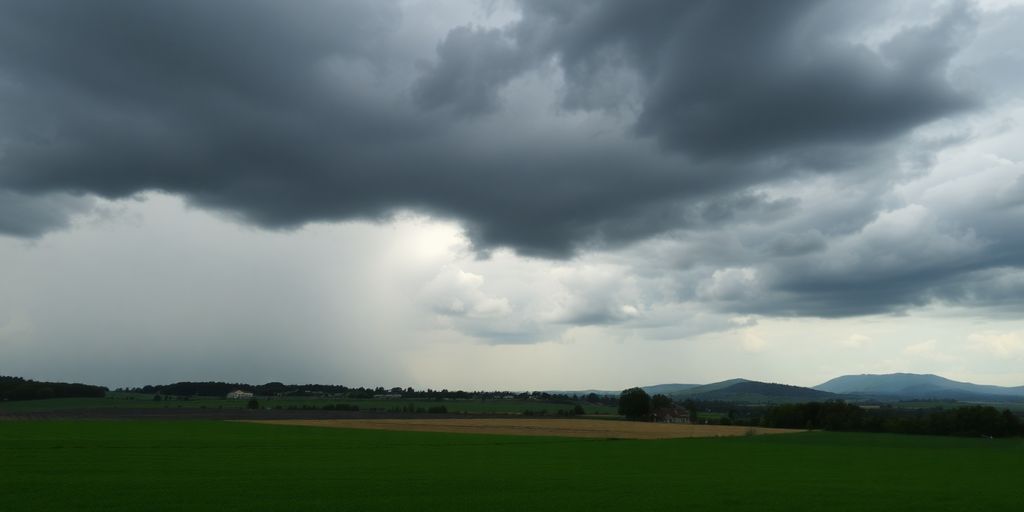 Ciel sombre et orageux au-dessus des champs verdoyants.
