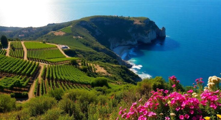 Paysage de l'Hérault avec vignes et mer Méditerranée.