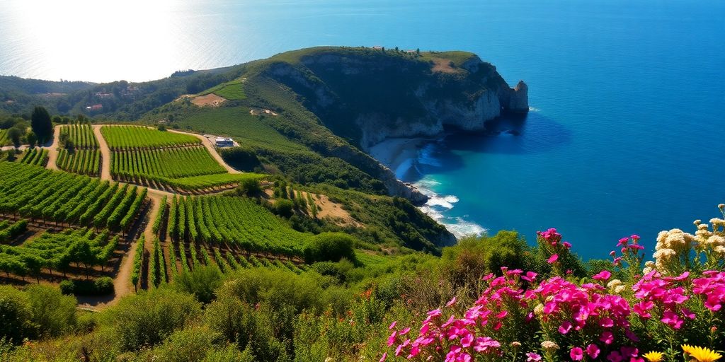 Paysage de l'Hérault avec vignes et mer Méditerranée.