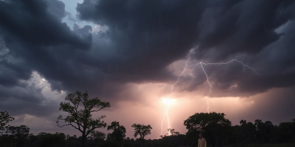 Ciel orageux avec éclairs et pluie intense.