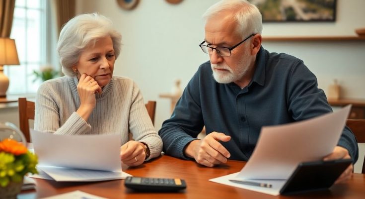 Couple elderly discutant des finances à une table.
