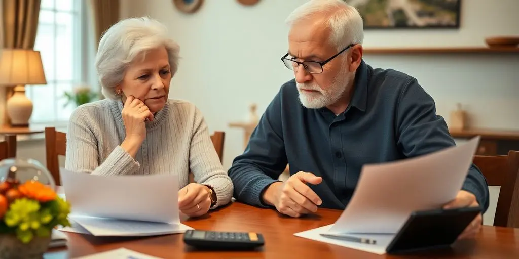Couple elderly discutant des finances à une table.