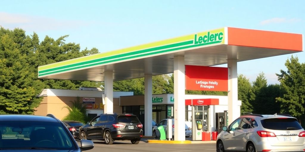 Station-service Leclerc avec voitures faisant le plein.