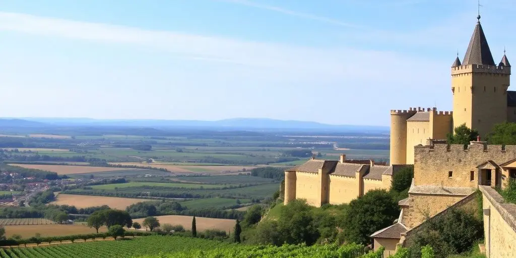 Forteresse médiévale de Carcassonne avec paysages environnants.