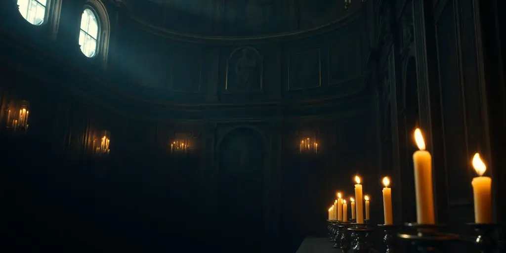 Salle du conclave avec des bougies et une ambiance mystérieuse.