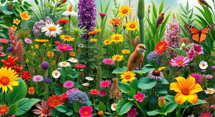 Biodiversité florale et faunique dans un écosystème sain.