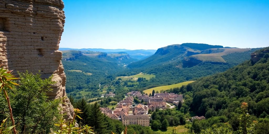 Paysage de la Lozère avec collines et village pittoresque.