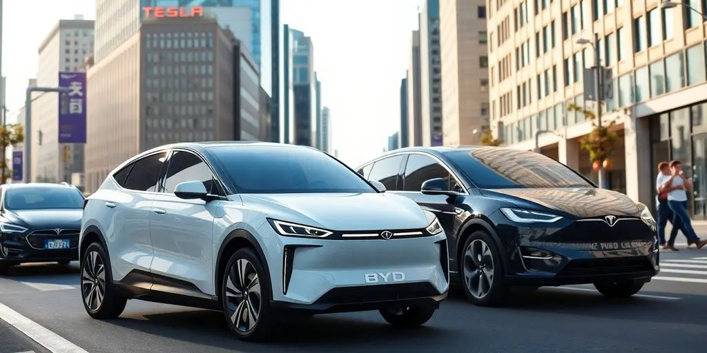 Voiture BYD et Tesla sur une route urbaine.