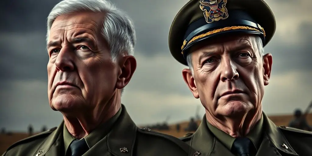 Deux généraux en uniforme, regard sérieux et préoccupé.