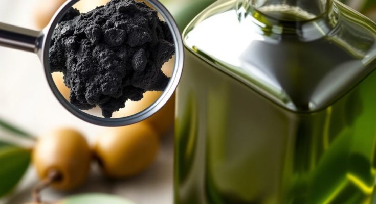 Bouteille d'huile d'olive avec des olives et une loupe.