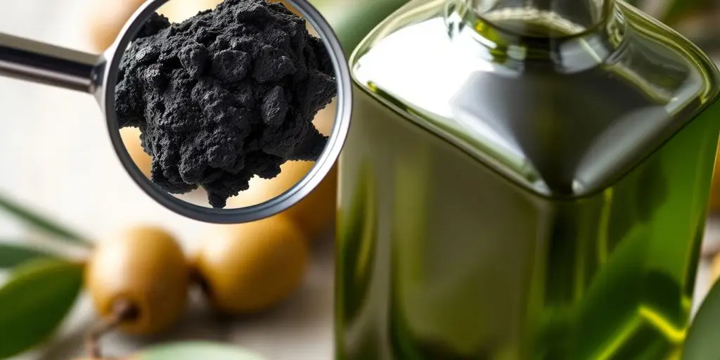 Bouteille d'huile d'olive avec des olives et une loupe.