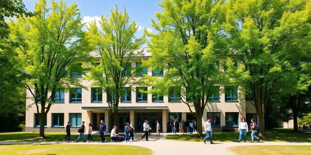 Établissement scolaire moderne avec étudiants et nature environnante.