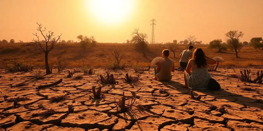 Soleil brûlant sur un paysage sec et aride.