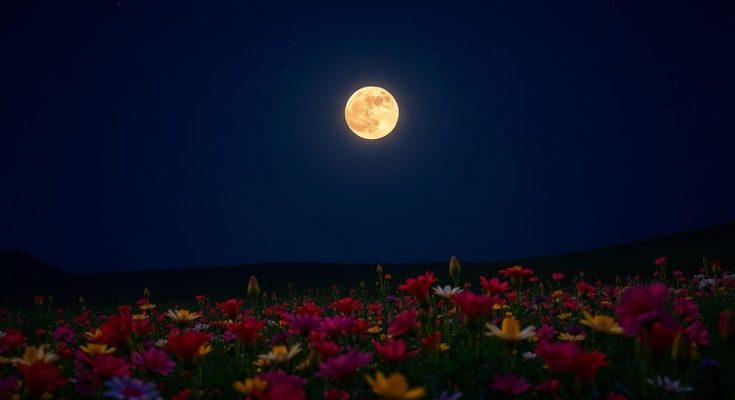Lune pleine illuminant un champ de fleurs colorées.